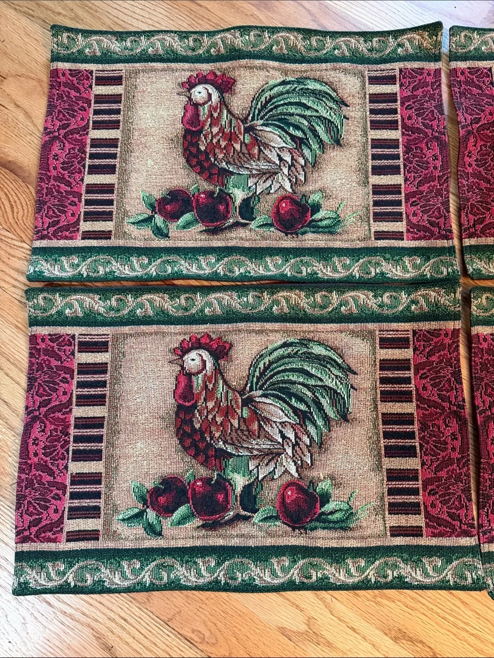 Rooster Tapestry Placemat Set - Red, Green, Beige
